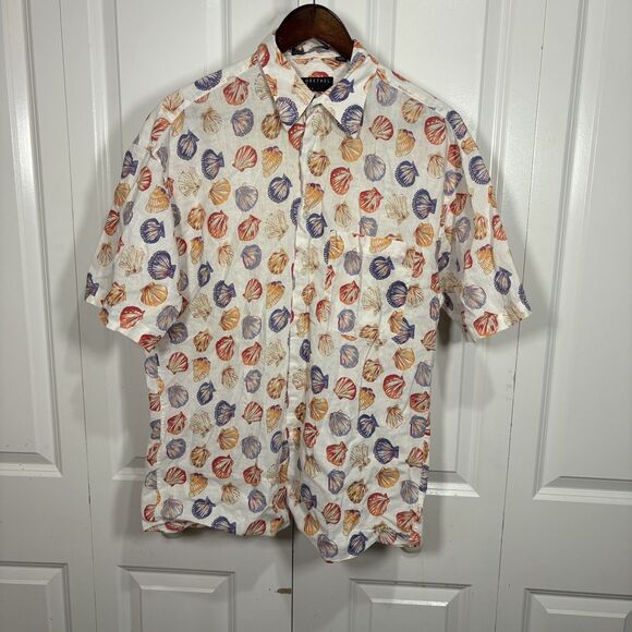 Henry Grethel Shirt M Linen Blend Seashell Print Coastal Resortcore Beach Vibe - Picture 1 of 7